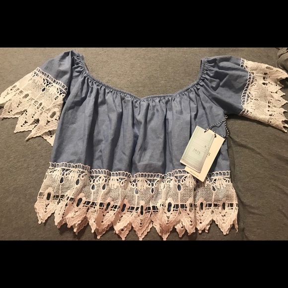 iris Tops - Beautiful Blue and White Trim Lace Crop Top western boho bohemian